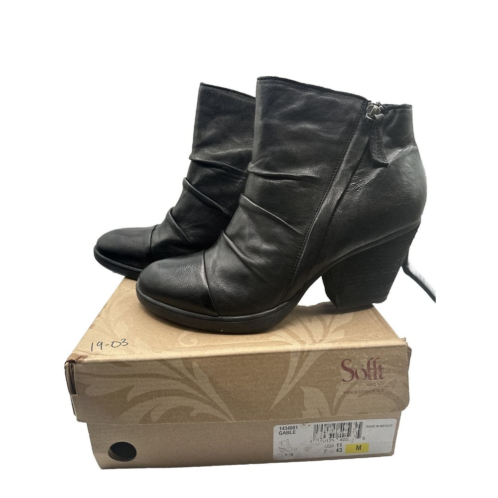 Sofft Gable Ruched Ankle Boots , Size 11/43, Black Leather, 19-03